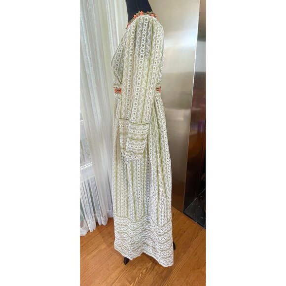 Vintage 60s prairie maxi dress, green organza flocked floral, lined - Picture 3 of 10